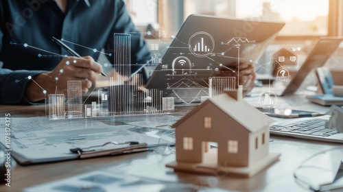 A businessperson analyzes real estate data with a miniature house model on the desk, showcasing digital graphs.