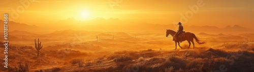 Lone Cowboy Riding Horse at Sunset in Vast Desert Landscape with Cacti and Mountains in the Background