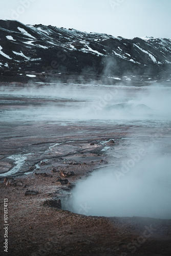 Active geyser park in Iceland. Column of hot water photo