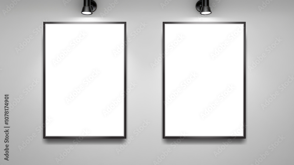 A mockup of a blank white poster with a minimalist white wall background and two lighting A mockup of a blank white poster with a minimalist white wall background and two lighting