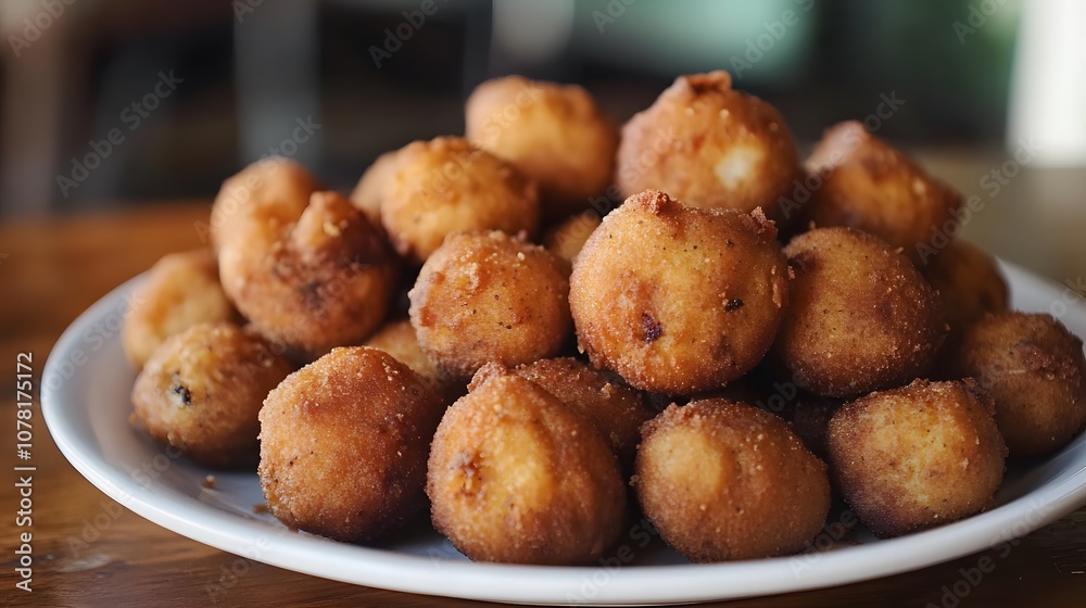 A plate of hush puppies, deep-fried cornmeal dough balls served as a side with fried fish or chicken.
A plate of hush puppies, deep-fried cornmeal dough balls served as a side with fried fish or chicken.