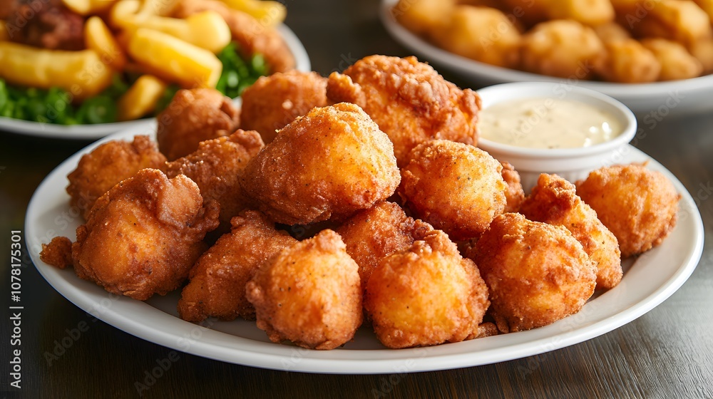 A plate of hush puppies, deep-fried cornmeal dough balls served as a side with fried fish or chicken.
A plate of hush puppies, deep-fried cornmeal dough balls served as a side with fried fish or chicken.