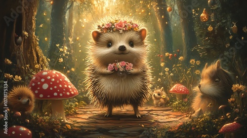 A cute hedgehog wearing a flower crown stands on a path in a magical forest with other hedgehogs and a red mushroom.