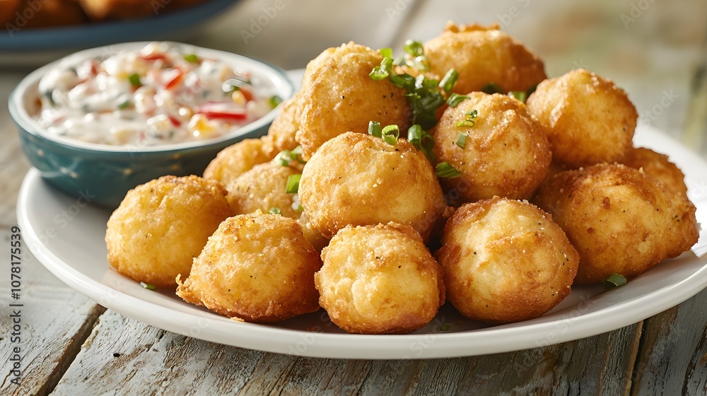 A plate of hush puppies, deep-fried cornmeal dough balls served as a side with fried fish or chicken.
A plate of hush puppies, deep-fried cornmeal dough balls served as a side with fried fish or chicken.