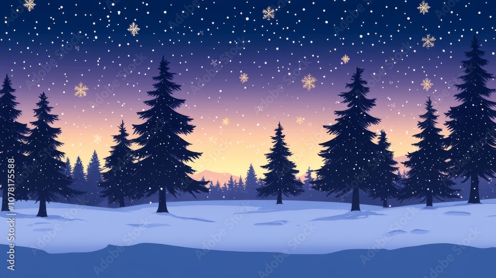 A Snowy Evening in a Pine Forest with Golden Snowflakes A Snowy Evening in a Pine Forest with Golden Snowflakes
