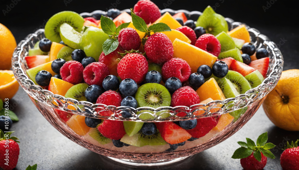 A bowl of fresh fruit salad is ready to be enjoyed A bowl of fresh fruit salad is ready to be enjoyed