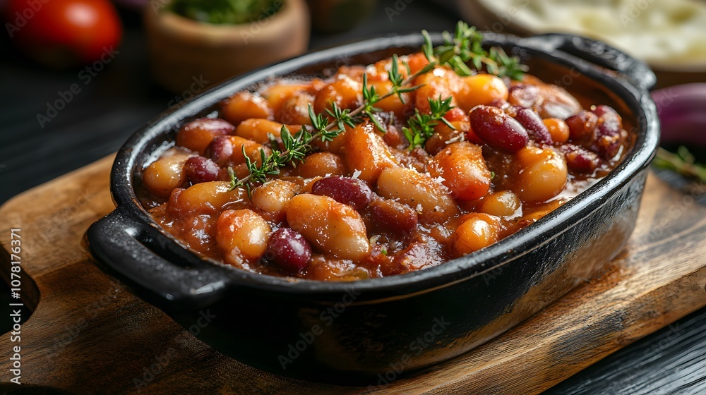 A serving of baked beans, slow-cooked beans in a sweet and savory sauce.
A serving of baked beans, slow-cooked beans in a sweet and savory sauce.