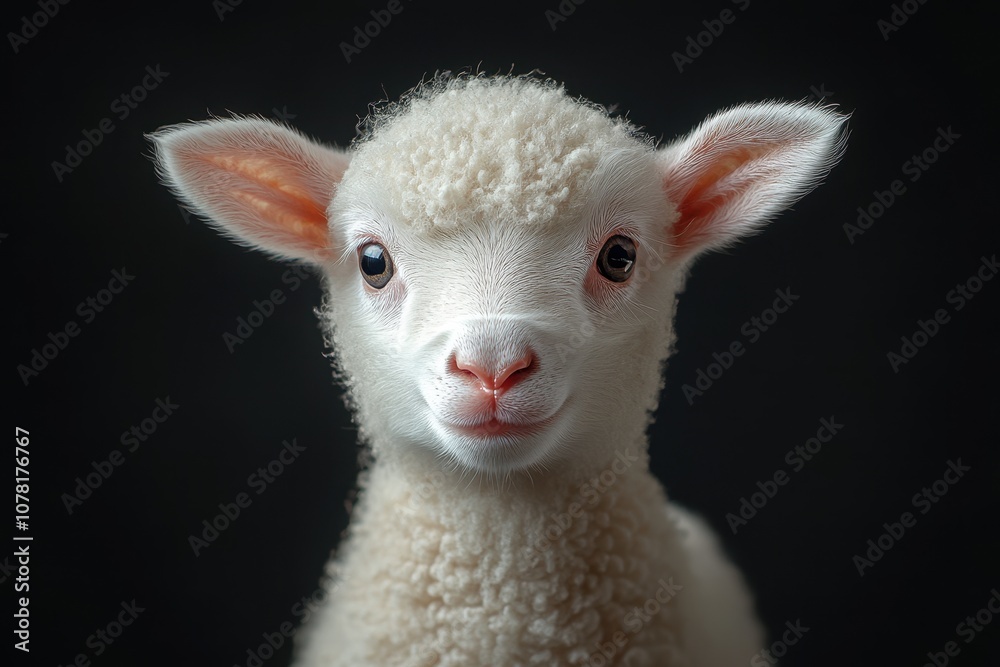 Fototapeta premium Portrait of a cute baby sheep on a black background, capturing innocence.