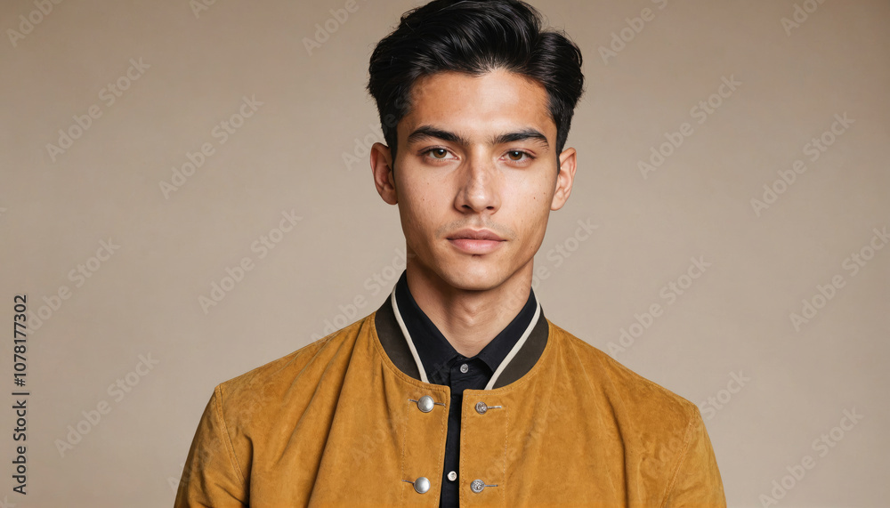 A man in a yellow jacket poses for a photo against a light brown background