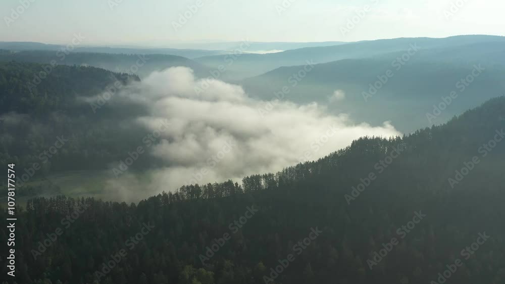 Clouds flow over a mountain valley adorned with lush green forests, creating a serene and picturesque landscape Clouds flow over a mountain valley adorned with lush green forests, creating a serene and picturesque landscape