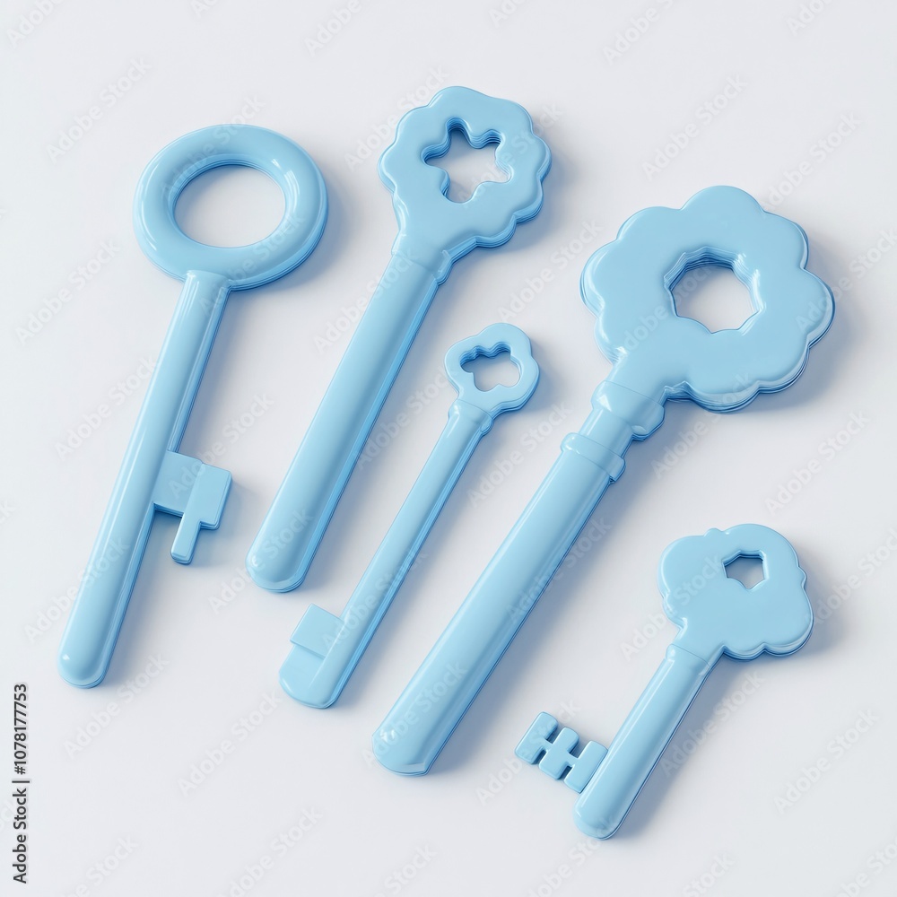 2408_053.A simple Plastic keys set for babies and toddlers, Soft sky blue color, white background, 3D Rendering, isometric 2408_053.A simple Plastic keys set for babies and toddlers, Soft sky blue color, white background, 3D Rendering, isometric