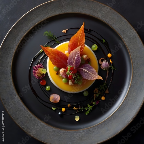 Fototapeta Naklejka Na Ścianę i Meble -  A top down view of a neatly plated molecular gastronomy dish staged on a black plate