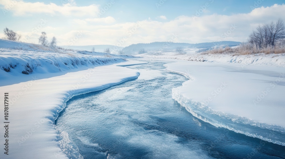 Serene Winter River Landscape Snow Ice and Blue Water Serene Winter River Landscape Snow Ice and Blue Water
