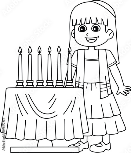 Bat Mitzvah Girl with Candles Isolated Coloring 