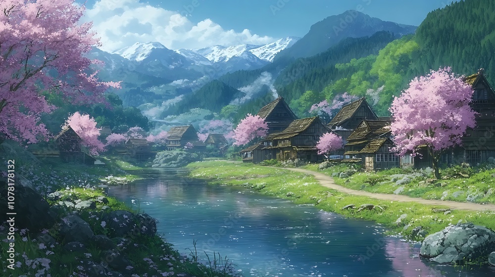 Fototapeta premium Peaceful anime village with a serene river and cherry blossom trees
