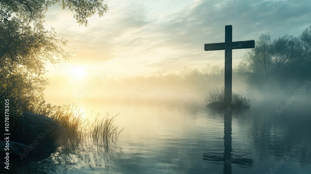 Cross over a misty lake at dawn, creating a peaceful space for reflective messages Cross over a misty lake at dawn, creating a peaceful space for reflective messages