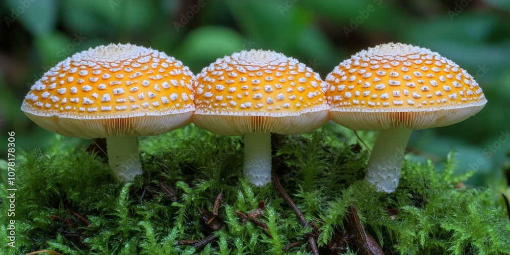 Fototapeta premium Vibrant orange-capped mushrooms growing in the forest on moss-covered floor