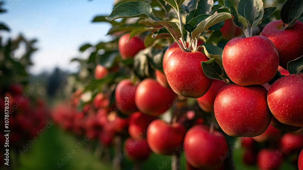 Close-up view of ripe red apples hanging on apple trees in an orchard during daylight, showcasing a bountiful harvest with green leaves in the background. Close-up view of ripe red apples hanging on apple trees in an orchard during daylight, showcasing a bountiful harvest with green leaves in the background.