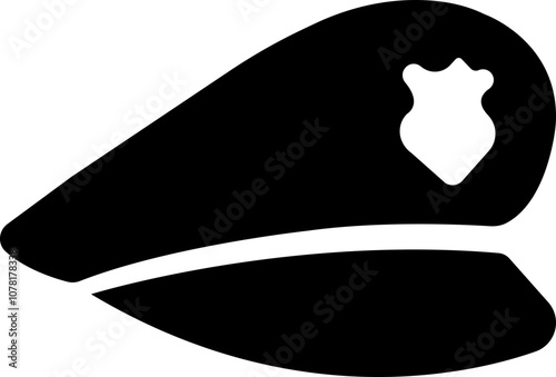 Black police hat icon in flat style. Police officer uniform item with badge. Realistic policeman uniform headgear vector from law and justice for web and mobile app isolated on transparent background.