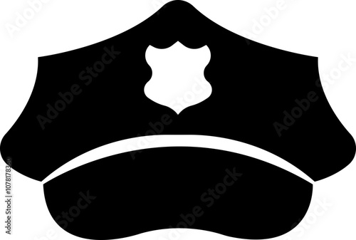 Black police hat icon in flat style. Police officer uniform item with badge. Realistic policeman uniform headgear vector from law and justice for web and mobile app isolated on transparent background.