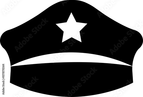 Black police hat icon in flat style. Police officer uniform item with badge. Realistic policeman uniform headgear vector from law and justice for web and mobile app isolated on transparent background.