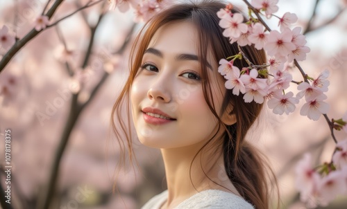 Smiling Asian woman amidst blooming cherry blossoms