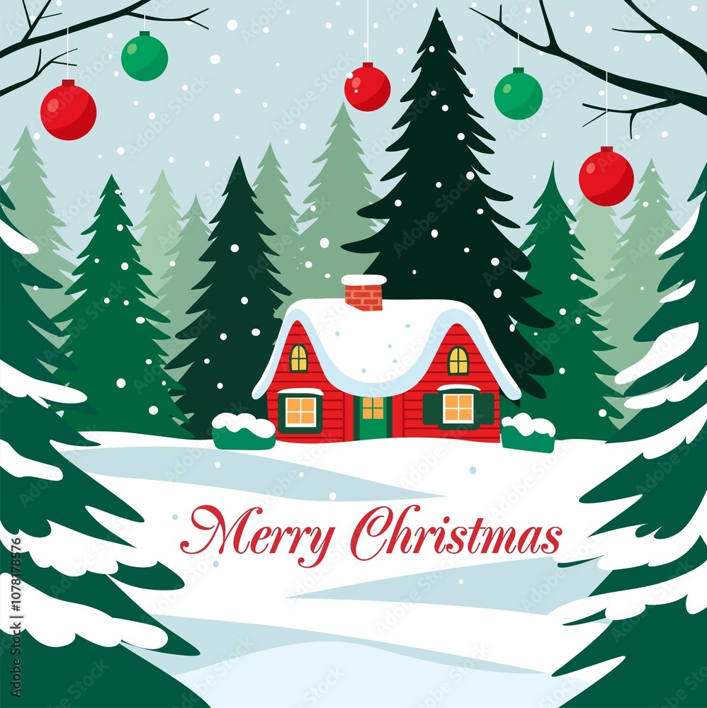 Fototapeta premium christmas card with christmas house and forest 