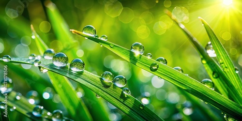 Dew-kissed grass, rainy day close-up, vibrant green leaves. photo