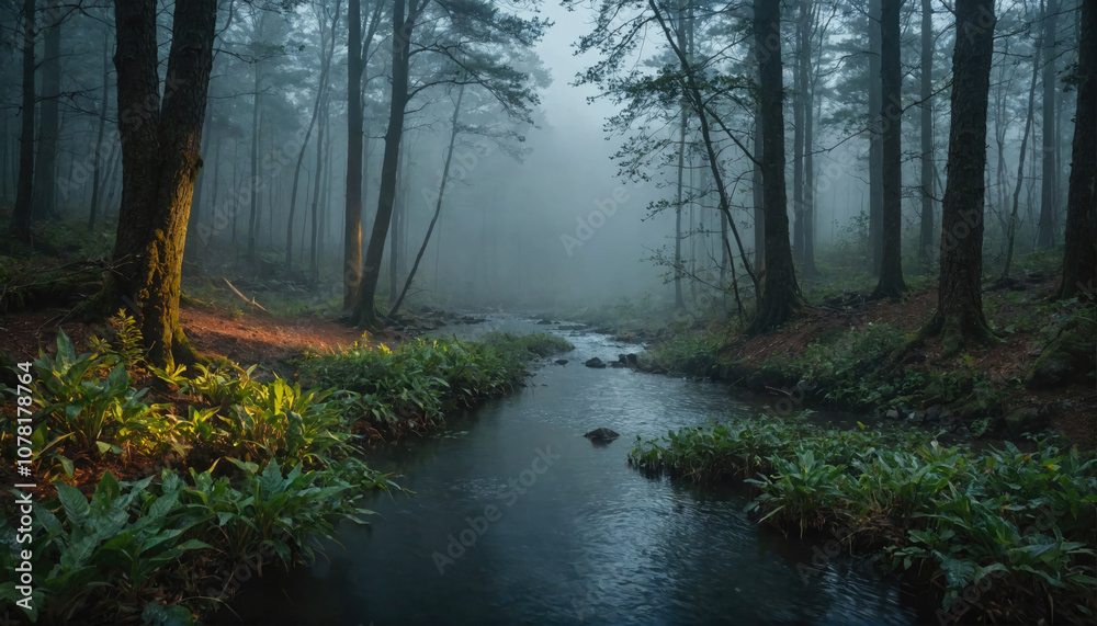 Fototapeta premium A winding stream flows through a misty forest, the early morning light casting a soft glow on the lush greenery