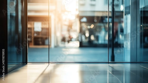 A view through glass doors of a bustling city street with the sun shining through the glass.