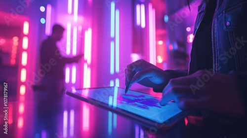 A digital marketer working on a tablet displaying colorful sales metrics, subject in focus, background of colleagues brainstorming is blurred, online sales, depth of field