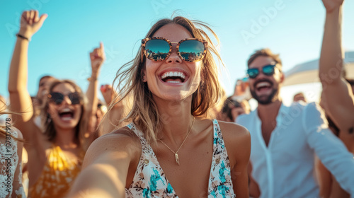 Gros plan d'une femme joyeuse en lunettes de soleil lors d'une fête en plein air