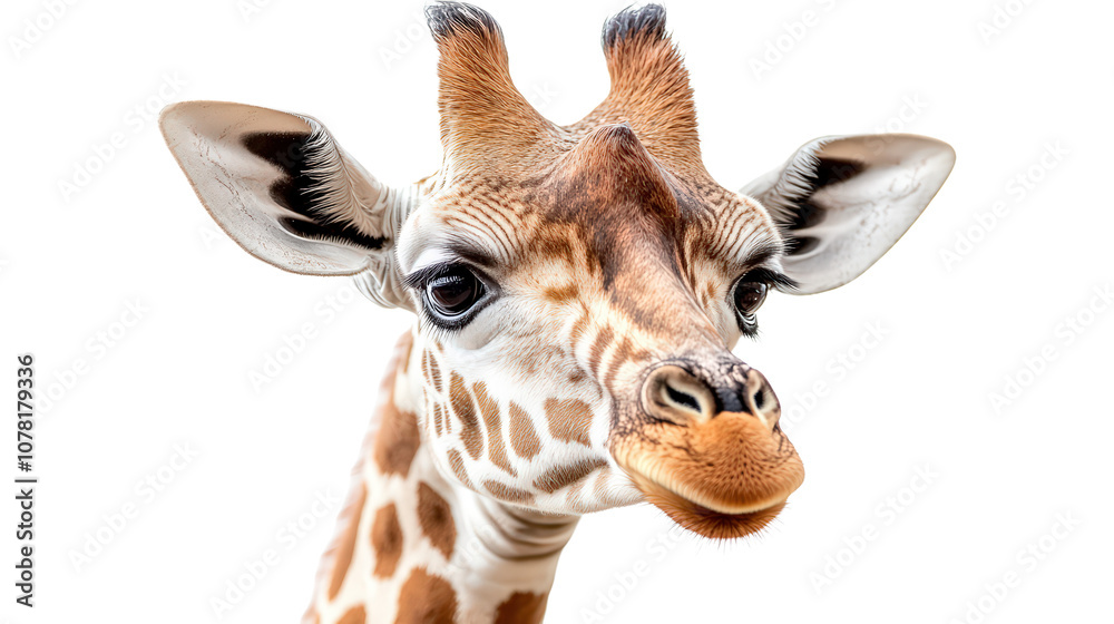 Fototapeta premium Closeup of a giraffe head on transparent on white background.