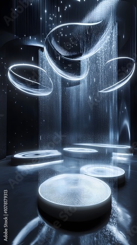 Wallpaper Mural 36. A futuristic 3D showcase with digital projections, rotating shapes, and an ample open vertical area for a product. Torontodigital.ca