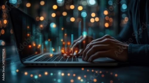 A businessman working on a laptop with vivid digital sales charts