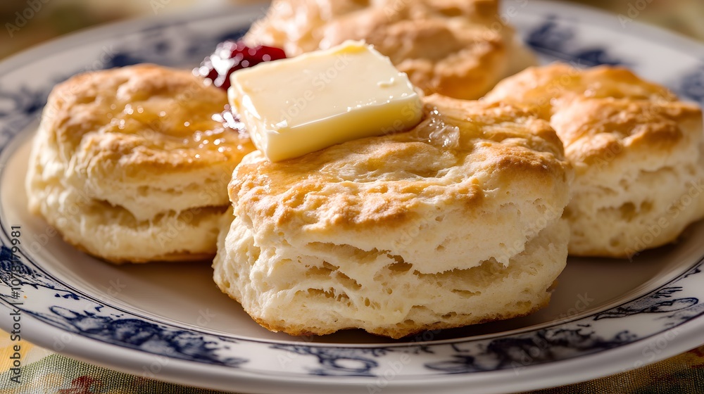 A serving of buttermilk biscuits, soft, flaky biscuits served with butter and jam.
A serving of buttermilk biscuits, soft, flaky biscuits served with butter and jam.