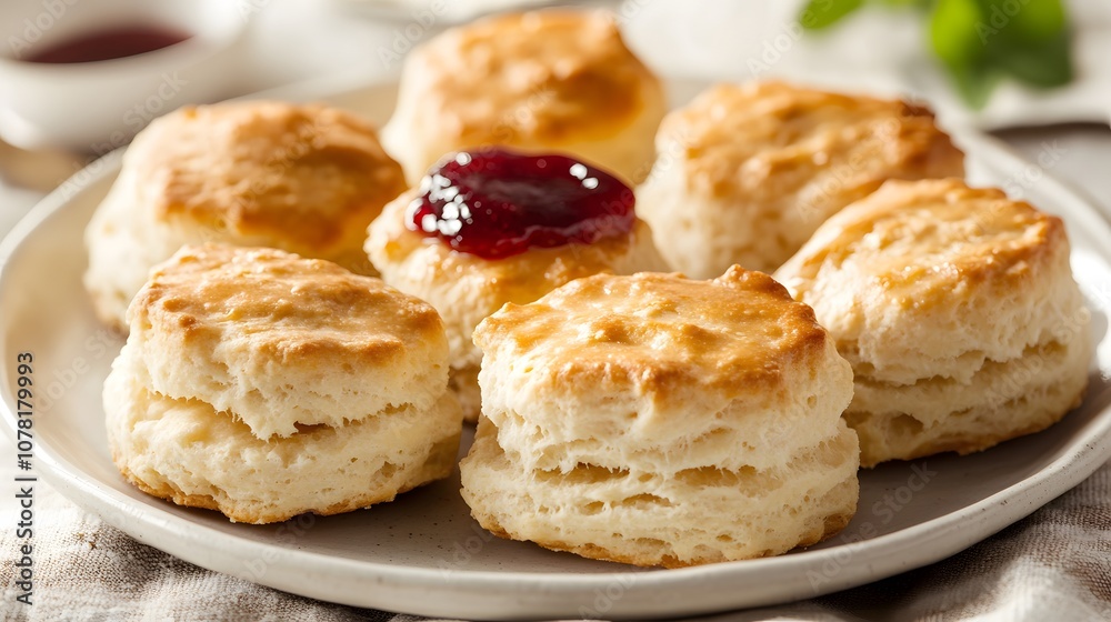 A serving of buttermilk biscuits, soft, flaky biscuits served with butter and jam.
A serving of buttermilk biscuits, soft, flaky biscuits served with butter and jam.
