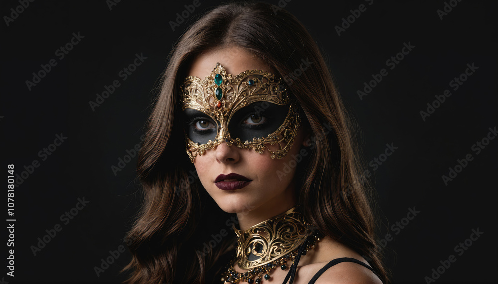 Fototapeta premium A woman wearing a gold masquerade mask looks intensely at the camera