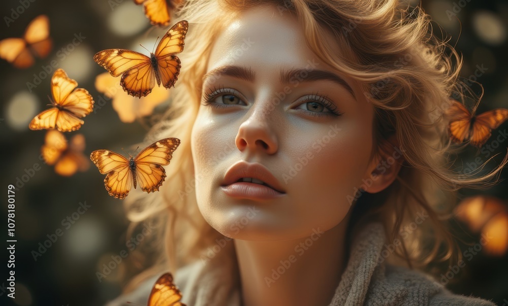 Elegant woman with butterflies in nature Elegant woman with butterflies in nature