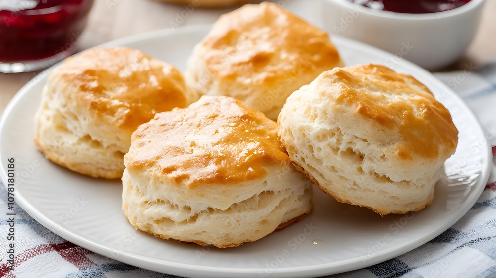 A serving of buttermilk biscuits, soft, flaky biscuits served with butter and jam.
A serving of buttermilk biscuits, soft, flaky biscuits served with butter and jam.