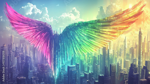 stunning display of holographic wings radiates vibrant colors over futuristic cityscape, creating magical and ethereal atmosphere