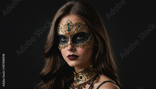 A woman wearing a gold masquerade mask looks intensely at the camera