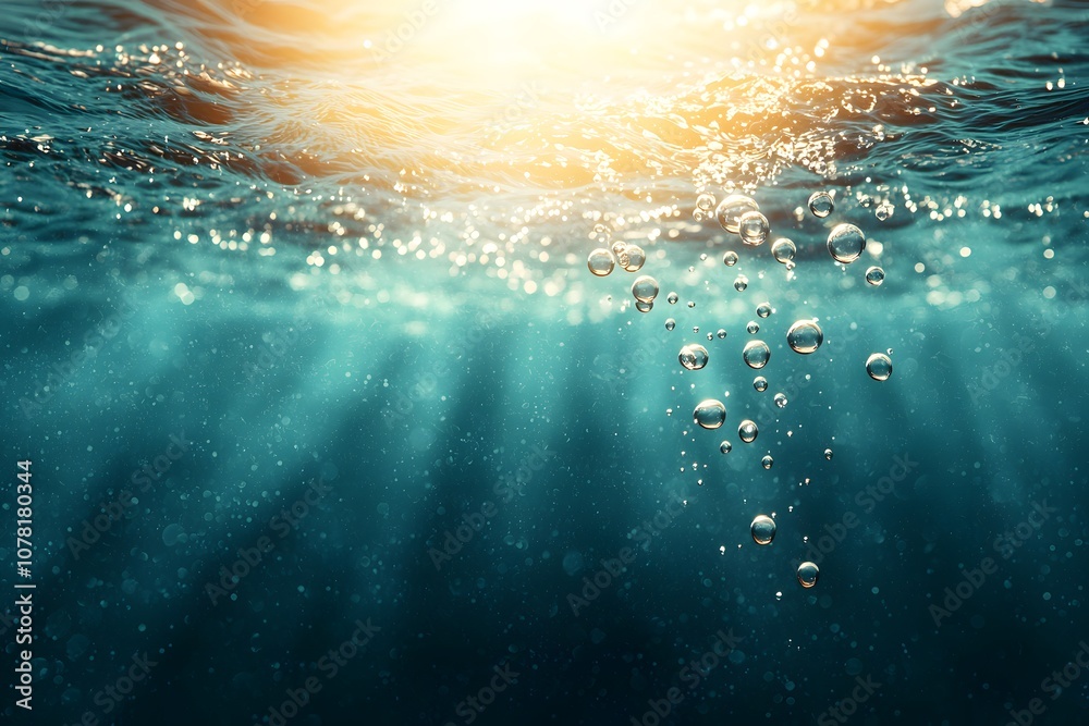 Fototapeta premium Beautiful Underwater Scene with Sunlight Rays and Air Bubbles Creating a Tranquil and Serene Atmosphere for Relaxation and Nature Exploration