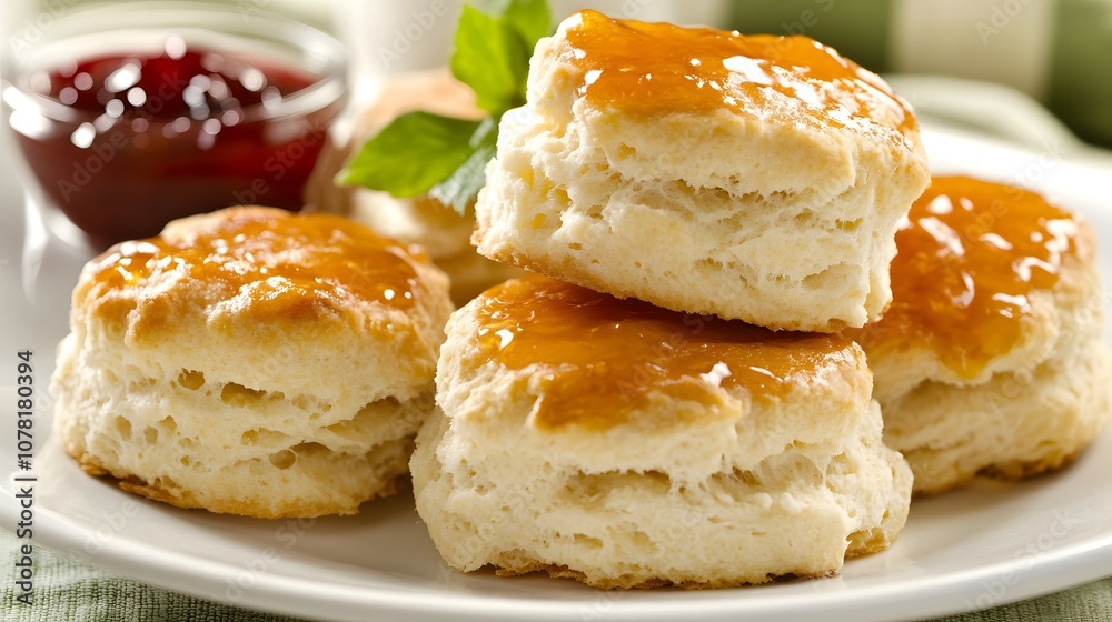 A serving of buttermilk biscuits, soft, flaky biscuits served with butter and jam.


