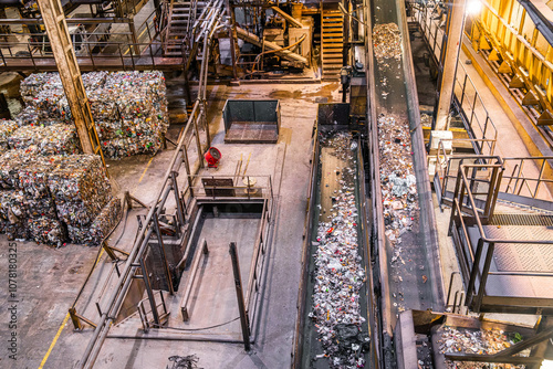 Waste to energy plant separating debris by category and compacting in cube bales in Southern Europe. Waste-to-energy plant converting waste materials into usable energy and biogas, reducing landfill.