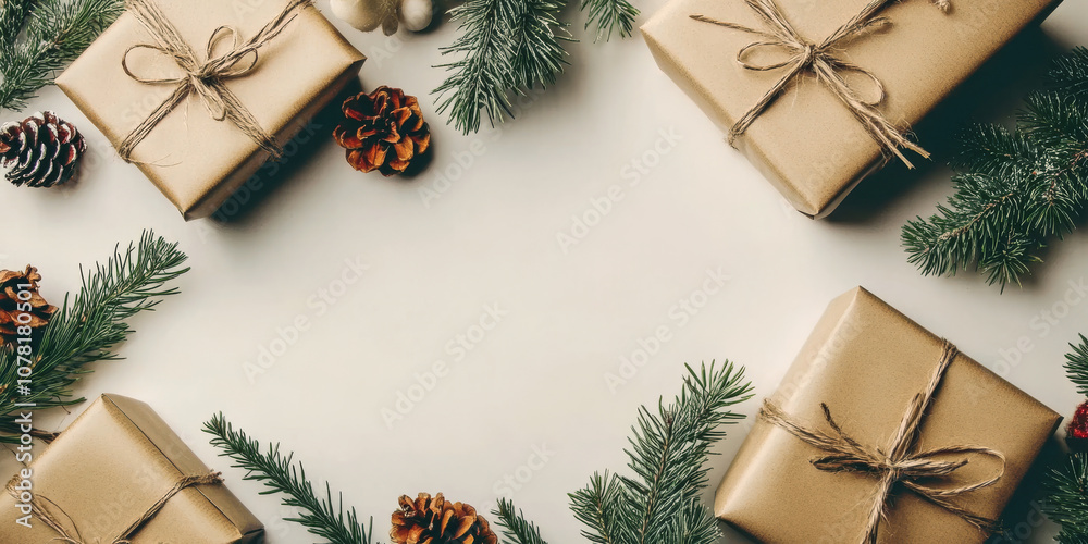 Festive Holiday Background with Gift Boxes and Pine Branches Festive Holiday Background with Gift Boxes and Pine Branches