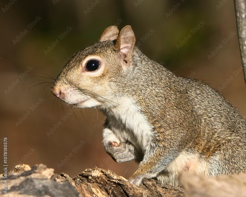 Obraz premium Gray squirrel perched on a log in the forest.