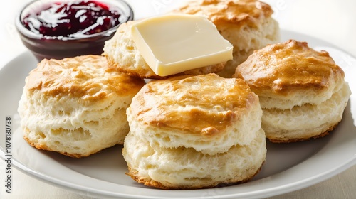 A serving of buttermilk biscuits, soft, flaky biscuits served with butter and jam.