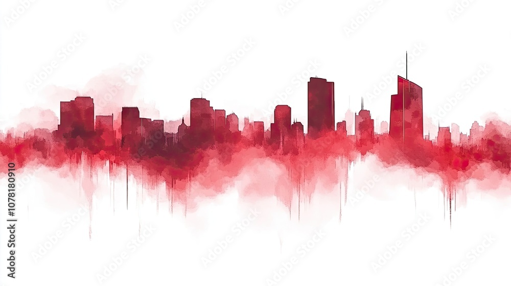 Red watercolor cityscape with tall buildings. Red watercolor cityscape with tall buildings.