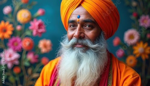 Floral adorned portrait of Guru Nanak Dev Ji in colorful hues highlighting peace and spirituality photo